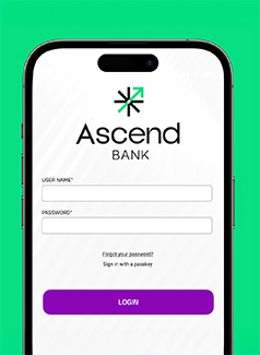 Ascend Bank log in screen on mobile phone